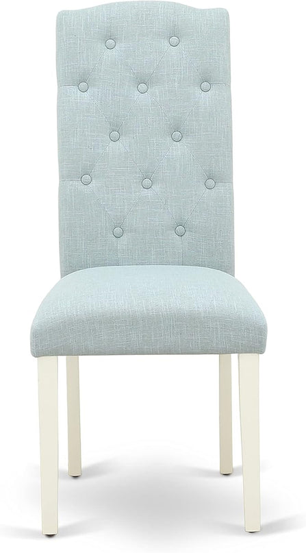 East West Furniture Oxford 3 Piece Set for Small Spaces Contains a Square Dining Room Table and 2 Baby Blue Fabric Upholstered Chairs, 36x36 Inch, Linen White - LeafyLoom