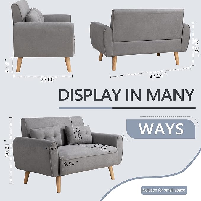 Shintenchi Small Modern Loveseat Couch Sofa, Light Grey, 2-Seat, Mid Century Fabric Upholstered, Tool-Free Assembly - LeafyLoom