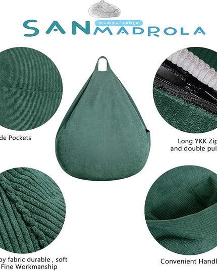 Stuffed Animal Storage Bean Bag Chair Cover (No Filler)for Kids and Adults.Soft Premium Corduroy Stuffable Beanbag for Organizing Children Plush Toys or Memory Foam Extra Large 300L (Green) - LeafyLoom
