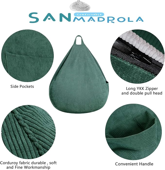 Stuffed Animal Storage Bean Bag Chair Cover (No Filler)for Kids and Adults.Soft Premium Corduroy Stuffable Beanbag for Organizing Children Plush Toys or Memory Foam Extra Large 300L (Green) - LeafyLoom