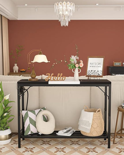 Narrow Console Table with Power Strips, Sofa Table with Storage Shelves for Living Room, 2-Tier Foyer Table for Entryway, Hallway, Behind Couch, Kitchen Counter, 39'', Black & White - LeafyLoom
