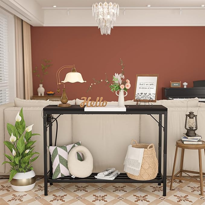 Narrow Console Table with Power Strips, Sofa Table with Storage Shelves for Living Room, 2-Tier Foyer Table for Entryway, Hallway, Behind Couch, Kitchen Counter, 39'', Black & White - LeafyLoom