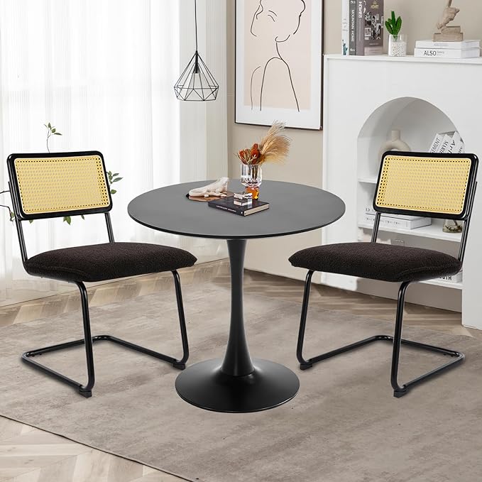 Black Round Dining Table, 31.5" Tulip Table Round Kitchen Dining Table, with 0.7" MDF Table Top and Metal Pedestal Base, Mid-Century Table Leisure for Cafe, Home, Dining Room, Kitchen - LeafyLoom