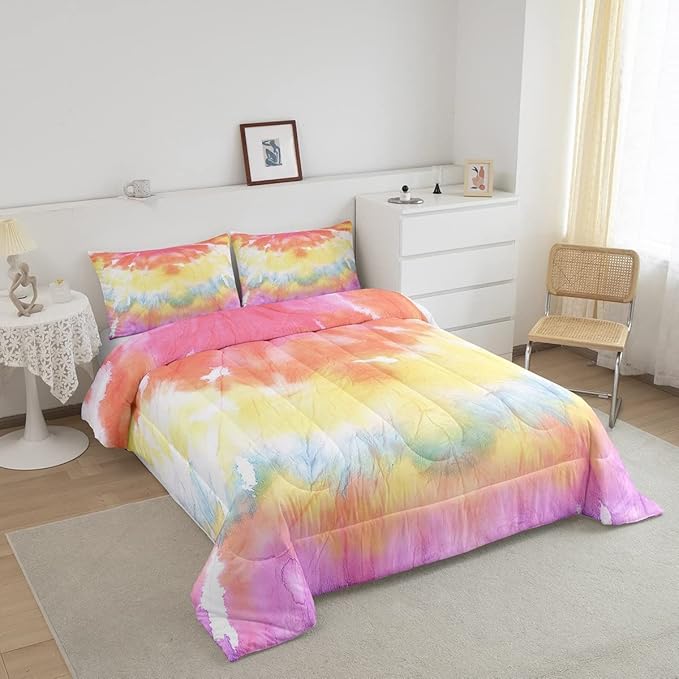 Boho Comforter Set Spiral Tye Dye Pattern 3pc Down Comforter King Size Rainbow Bedding Sets with 2 Pillowcases Soft Comfortable Machine Washable,Trippy Psychedelic Gypsy Duvet Quilt Set for Teen Girl - LeafyLoom