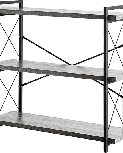 HCHQHS Bookshelf, 3-Tier Industrial Bookcase, Rustic Open Book Shelf, Freestanding Horizontal Bookshelves with Metal Frame - LeafyLoom