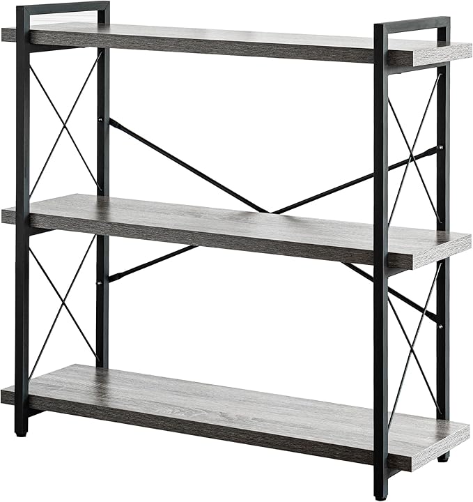 HCHQHS Bookshelf, 3-Tier Industrial Bookcase, Rustic Open Book Shelf, Freestanding Horizontal Bookshelves with Metal Frame - LeafyLoom
