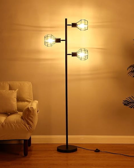 Brightech Robin LED Floor Lamp, Industrial Tree Lamp for Living Rooms & Offices, Tall Lamp with 3 Cages Heads & Vintage Edison Bulbs, Rustic Standing Lamp for Reading, and Tall Lamp for Crafts - Black - LeafyLoom