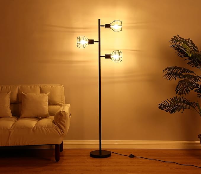 Brightech Robin LED Floor Lamp, Industrial Tree Lamp for Living Rooms & Offices, Tall Lamp with 3 Cages Heads & Vintage Edison Bulbs, Rustic Standing Lamp for Reading, and Tall Lamp for Crafts - Black - LeafyLoom