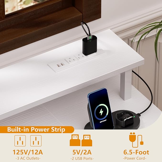 Furologee Desk with Power Outlets and LED Lights, 47in Gaming Computer Desk with 4 Fabric Drawers, Home Office Desk with Full Monitor Stand and Shelf, Study Writing Desk for Bedroom, White - LeafyLoom