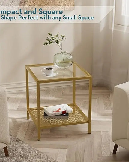 SAYGOER Glass Side Table Small Gold End Table for Small Spaces 2-Tier Square Night Stand with Storage Modern Bed Side Table with Gold Frame for Bedroom Living Room, Easy Assembly - LeafyLoom