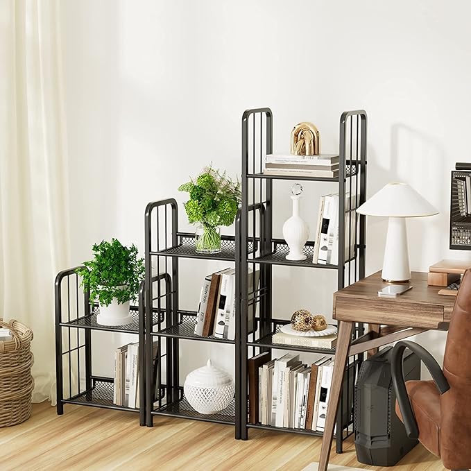 Bookshelf Storage Shelf Bookcase Freestanding Storage Stand for Living Room, Bedroom, Kitchen, Rust Resistance, Easy Assemblyl Free Combination Multi-Functional Organizer (3 Tiers, Black) - LeafyLoom
