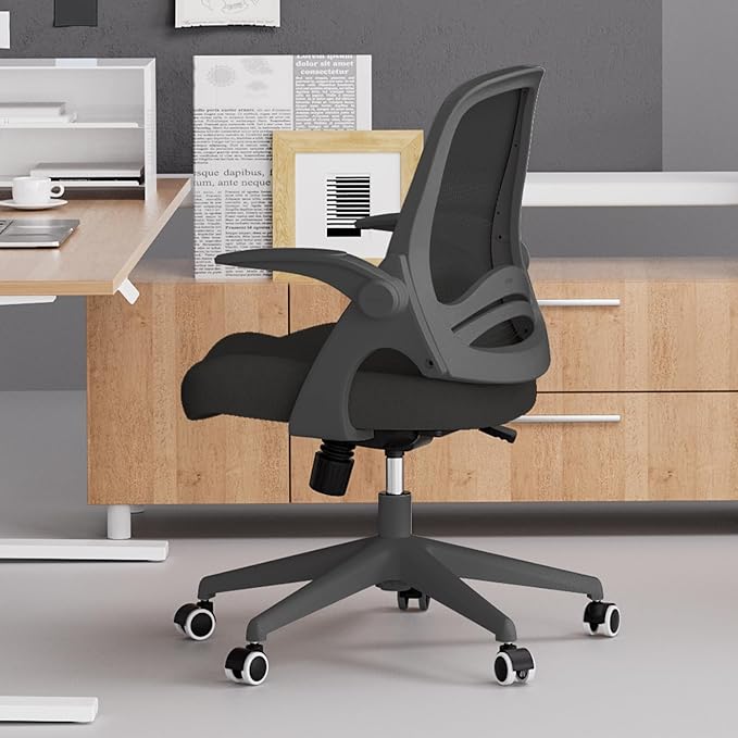 Hbada Office Chair, Desk Chair with Flip-Up Armrests and Saddle Cushion, Ergonomic Office Chair with S-Shaped Backrest, Swivel, Mesh, for Home and Office, Black - LeafyLoom