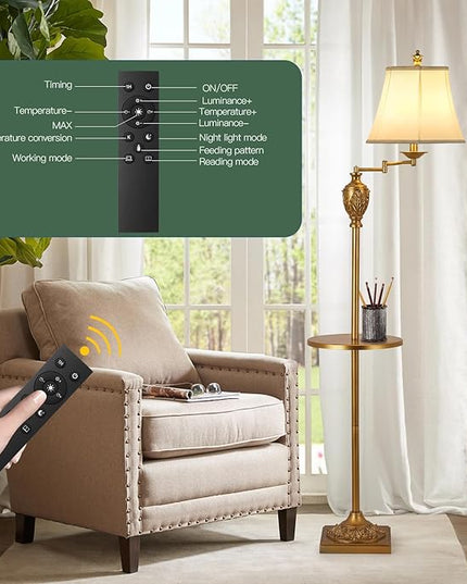 Traditional LED Floor Lamp with 350° Adjustable Swing Arm Lamp – Vintage Standing Pole lamp for Living Room, Bedroom and Office – Rustic Upright Floor Light for Home Décor with Silk Fabric Shade - LeafyLoom