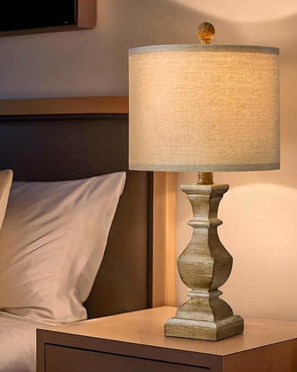 PoKat 20.5" Mid Century Table Lamp Sets of 2 for Living Room Retro Style Farmhouse Table Lamp for Bedroom Classic Beige Resin Bedside Night Light Lamps - LeafyLoom