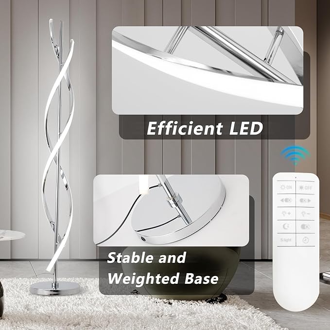 ADISUN 40W LED Modern Floor Lamp Remote Control Dimmable Spiral Floor Lamp Indoor Tall Lamp Floor Lamp for Living Rooms Family Rooms Bedrooms Offices Lighting (Silver) - LeafyLoom