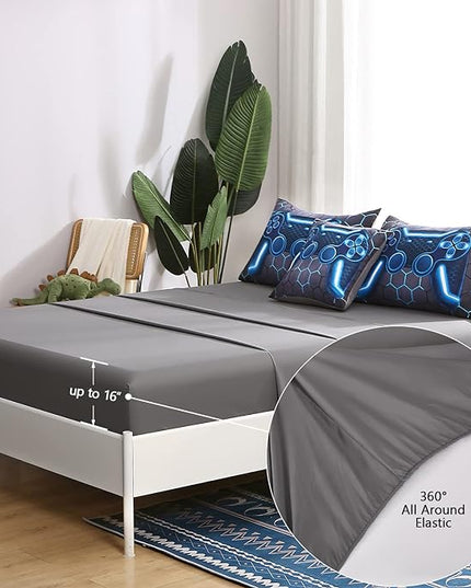 6Pcs Game Console Comforter Set with Sheets for Boys Girls Kids Teens, Geometric Gaming Themed Bed in A Bag Twin Size, Blue 3D Video Gamer Controller Bedroom Decor Bedding Set - LeafyLoom