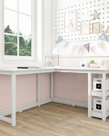Max & Lily Solid Wood Corner Desk, 55 x 55 Inches, White - LeafyLoom