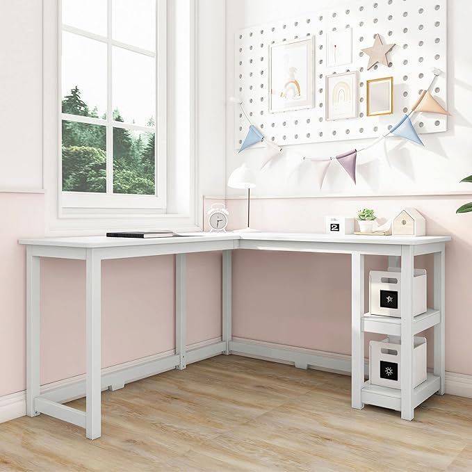 Max & Lily Solid Wood Corner Desk, 55 x 55 Inches, White - LeafyLoom