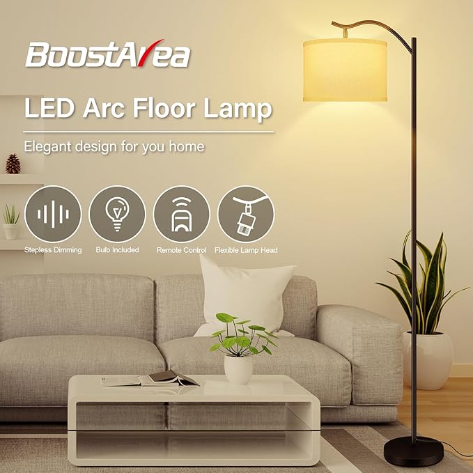 BoostArea Floor Lamp for Living Room,Arc Floor Lamp with Remote Control,Stepless Dimmable Brightness & Colors Temperature 2700k-6500k,Modern Standing Lamp for Bedroom Study Room Office,White - LeafyLoom