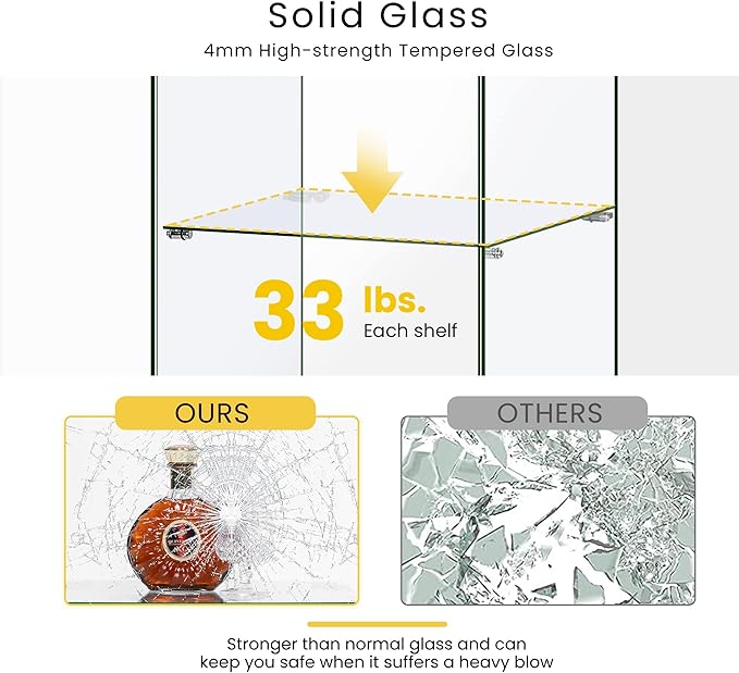 VIVOHOME 3 Layers 16''W x 16''D x 34''H Display Cabinet Showcase Countertop with Lock, 4mm Tempered Glass 25mm MDF Base - LeafyLoom