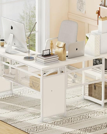FATORRI L Shaped Computer Desk, Reversible Modern Corner Desk for Home Office, Rustic Wood and Metal Desk with Storage, White Oak (59 Inch) - LeafyLoom
