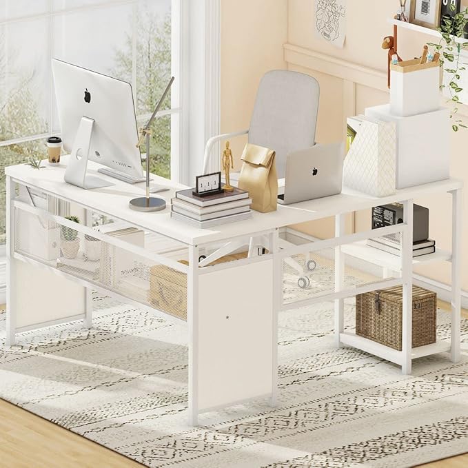 FATORRI L Shaped Computer Desk, Reversible Modern Corner Desk for Home Office, Rustic Wood and Metal Desk with Storage, White Oak (59 Inch) - LeafyLoom