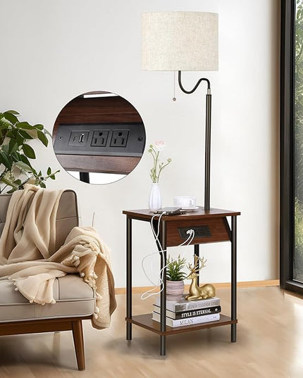 FIMEI Floor Lamp with Table, End Table with Charging Station USB Ports & Outlets, Bedside Table 3 Color Temperature Reading Light, Nightstand with Shelves for Living Room Bedroom Apartment, Red Brown - LeafyLoom