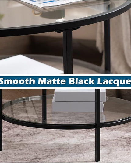 VINGLI 25.6" Round Black Coffee Tables for Living Room, 2-Tier Glass Top Coffee Table with Storage Clear Coffee, Simple & Modern Center Table for Small Space - LeafyLoom