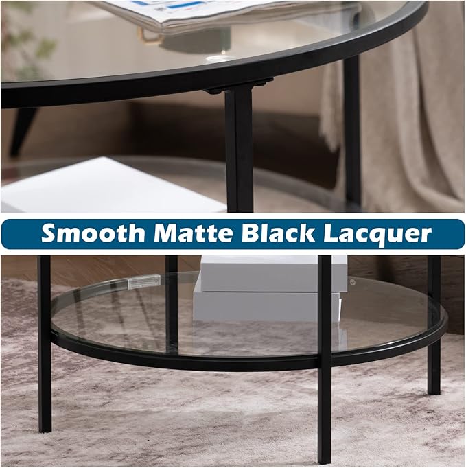 VINGLI 25.6" Round Black Coffee Tables for Living Room, 2-Tier Glass Top Coffee Table with Storage Clear Coffee, Simple & Modern Center Table for Small Space - LeafyLoom