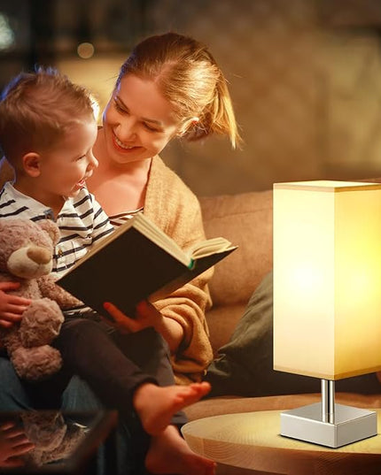 Grey Small Table Lamp for Bedroom - Bedside Lamps for Nightstand, Minimalist Night Stand Lamp with Square Fabric Shade, Desk Reading Lamp for Kids Room Living Room Office, Silver Base - LeafyLoom