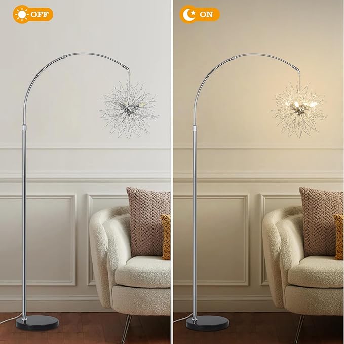 Crystal Arc Floor Lamps for Living Room, Modern Floor Lamp with Marble Base, Adjustable Height Standing Lamp, Mid Century Tall Lamp for Girls Room, Over Couch Arched Reading Light for Bedroom, Office - LeafyLoom