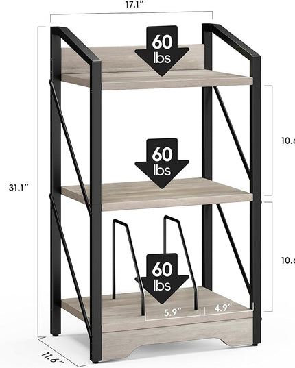 Vagusicc 3 Tier Bookshelf, Small Book Shelf Industrial Bookshelf, Wood Short Book Shelf Office Shelves with Metal Frame, Rustic Open Shelf Storage Organizer Bookcase for Living Room Bedroom, Greige - LeafyLoom
