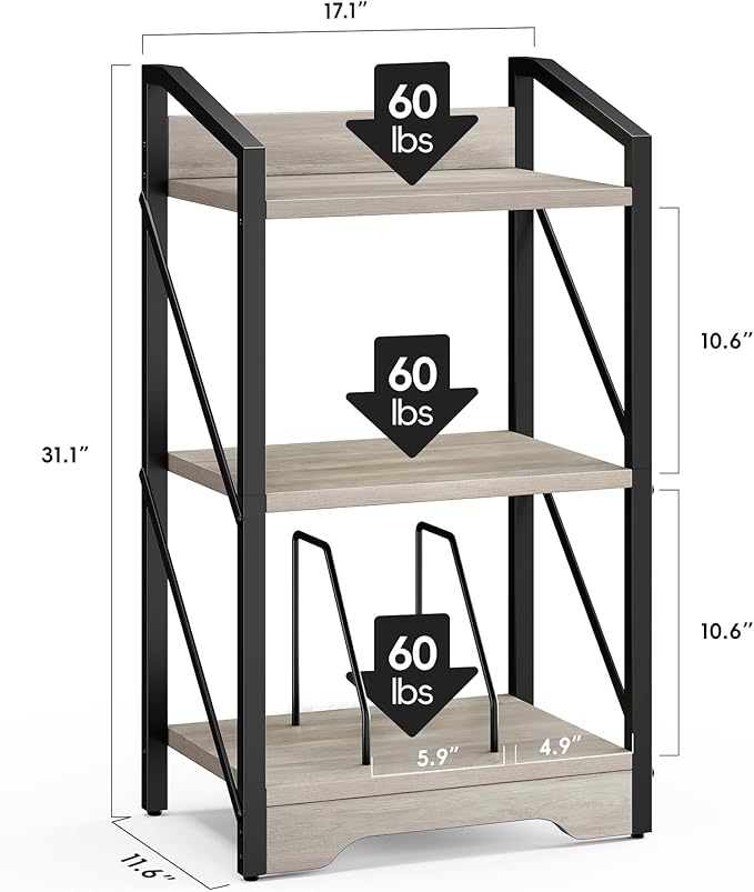 Vagusicc 3 Tier Bookshelf, Small Book Shelf Industrial Bookshelf, Wood Short Book Shelf Office Shelves with Metal Frame, Rustic Open Shelf Storage Organizer Bookcase for Living Room Bedroom, Greige - LeafyLoom