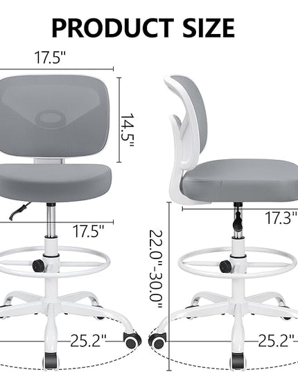 Primy Office Drafting Chair Armless, Tall Office Desk Chair Adjustable Height and Footring, Mid-back Ergonomic Standing Desk Chair Mesh Rolling Tall Chair for Art Room, Office or Home(Gray) - LeafyLoom