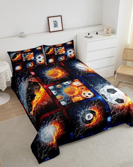 Sports Comforter Sets For Boys Twin,Teen Basketball Baseball Football Bedding Comforter Set For Men Volleyball Soccer Hockey Quilt Comforter,Red Blue Water And Fire Lightning Bed Duvet 1 Pillow Case - LeafyLoom