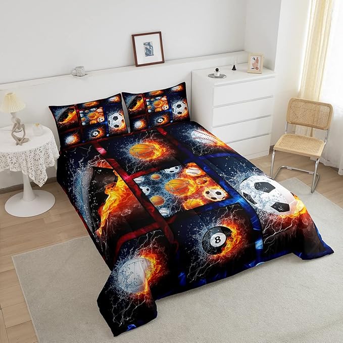Sports Comforter Sets For Boys Twin,Teen Basketball Baseball Football Bedding Comforter Set For Men Volleyball Soccer Hockey Quilt Comforter,Red Blue Water And Fire Lightning Bed Duvet 1 Pillow Case - LeafyLoom