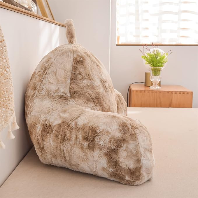 A Nice Night Faux Fur Soft Reading Pillow Bed Wedge Adult Backrest with Arms Back Support for Sitting Up in Bed/Couch for Bedrest, Tie Dyed Khaki - LeafyLoom