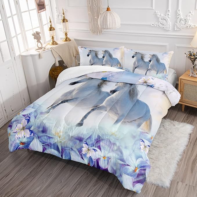 Kid Galloping Horse Comforter Set Floral Butterfly Horse Bedding Set for Boys Girls Adult, 1 Comforter + 2 Pillowcases - LeafyLoom