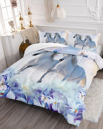 Kid Galloping Horse Comforter Set Floral Butterfly Horse Bedding Set for Boys Girls Adult, 1 Comforter + 2 Pillowcases - LeafyLoom
