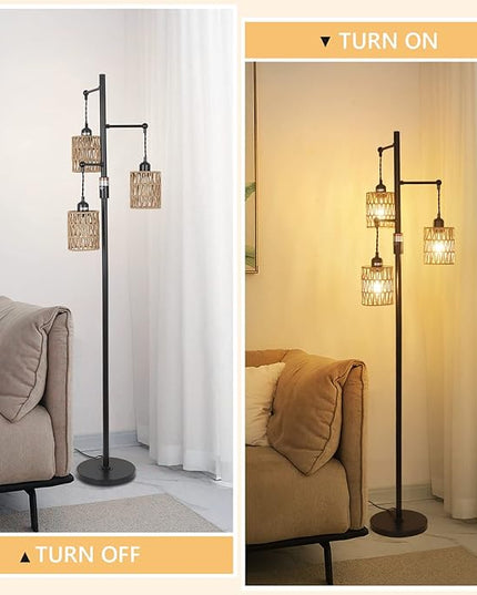 Bohemian Farmhouse Floor Lamp, Black, 65-Inch, Dimmable, 3 E26 UL Sockets, Natural Rattan Shade, Reinforced Metal Base, 24 Months Warranty - LeafyLoom