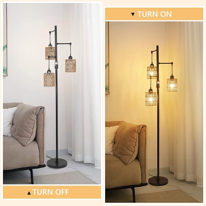 Bohemian Farmhouse Floor Lamp, Black, 65-Inch, Dimmable, 3 E26 UL Sockets, Natural Rattan Shade, Reinforced Metal Base, 24 Months Warranty - LeafyLoom