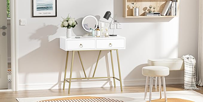 Anmytek Modern Home Office Desk, 35.4 Inch Makeup Vanity Table White Study Desk 2 Drawers Writing Desk Computer Desk with Golden Legs, D0002 - LeafyLoom