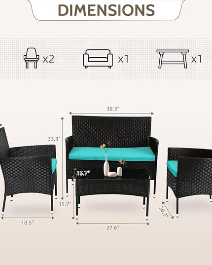 FDW Patio Furniture Set 4 Pieces Outdoor Rattan Chair Wicker Sofa Garden Conversation Bistro Sets for Yard,Pool or Backyard,Blue Cushions - LeafyLoom