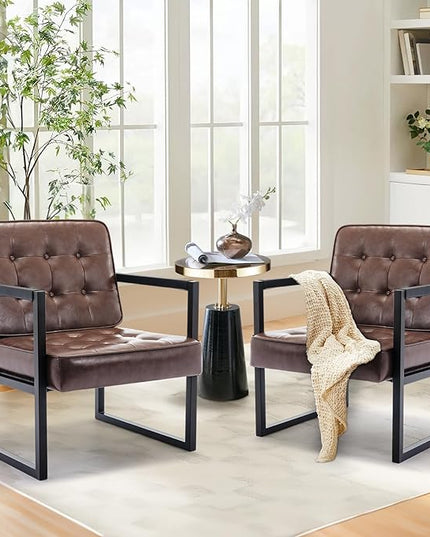 COLAMY Mid Century Modern Accent Chair Set of 2, Comfy Living Room Chair, Brown Leather Accent Chair, Faux Leather Reception Armchair with Metal Legs for Living Room Bedroom Reception Office, Brown - LeafyLoom