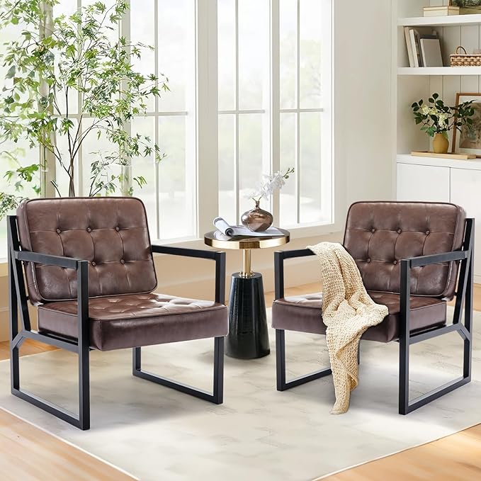 COLAMY Mid Century Modern Accent Chair Set of 2, Comfy Living Room Chair, Brown Leather Accent Chair, Faux Leather Reception Armchair with Metal Legs for Living Room Bedroom Reception Office, Brown - LeafyLoom