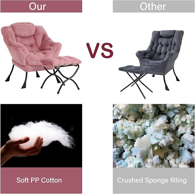 LITA Lazy Chair with Ottoman, Modern Accent Leisure Upholstered Sofa Chair, Lounge Reading Chair with Armrests and a Side Pocket for Living Room, Bedroom & Small Space, Plush Dark Pink - LeafyLoom