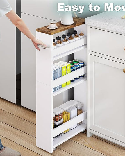MARTY Rolling Storage Cart 4-Tier White Kitchen cart on Wheels,Slim Storage Cart with Handle Slide Out Utility Cart Shelving Unit Organizer Trolley for Laundry Narrow Places Bathroom Small Corner - LeafyLoom