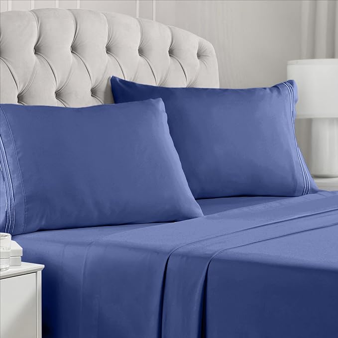 Mellanni Full Sheets Set - 4 PC Iconic Collection Bedding Sheets & Pillowcases - Hotel Luxury, Extra Soft, Cooling Bed Sheets - Deep Pocket up to 16 inch (Full, Blue Nova) - LeafyLoom