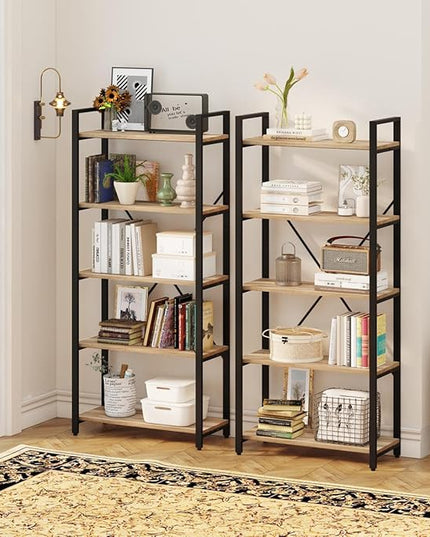 FATORRI 5 Tier Bookshelf, Industrial Wood and Metal Book Shelves for Display, Tall Etagere Bookcase and Rustic Shelving Unit (Rustic Oak) - LeafyLoom