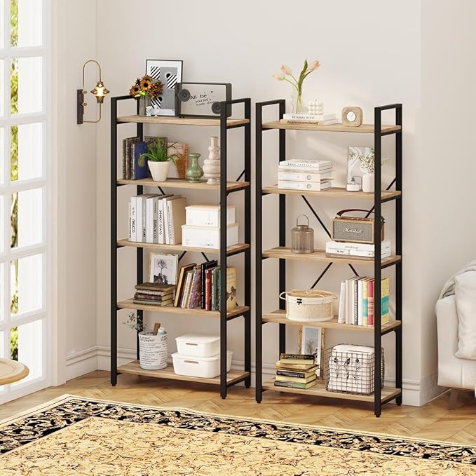 FATORRI 5 Tier Bookshelf, Industrial Wood and Metal Book Shelves for Display, Tall Etagere Bookcase and Rustic Shelving Unit (Rustic Oak) - LeafyLoom